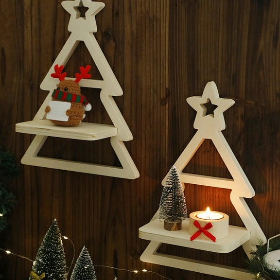 Christmas Tree Wall Shelf - White Wooden Floating Organizer for Home Decor (11.7" Holiday Display)