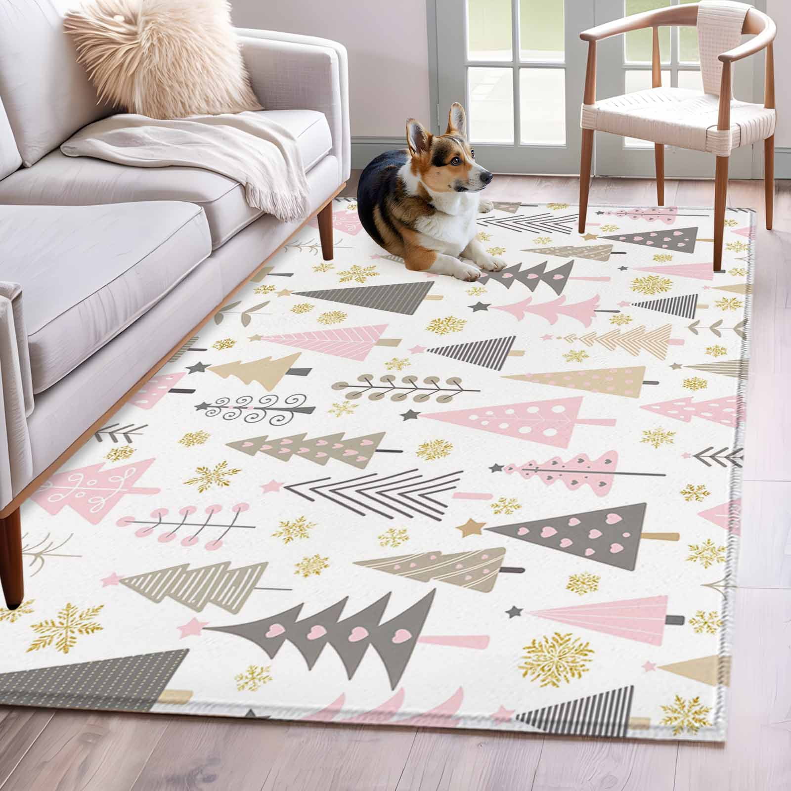 Christmas Tree Washable Area Rugs 4'x6', Snowflake Winter Pink Classic ...