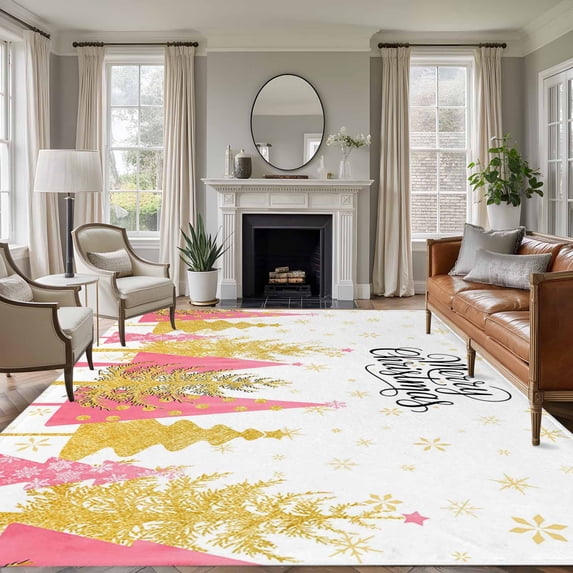 Christmas Tree Washable Living Room Rugs 5'x7', Gold Pink Tree Winter Snowflakes Abstract Low Pile Throw Large Area Rugs Non-Slip Sturdy Edge Binding Carpet for Dining Room Bedside Kitchen