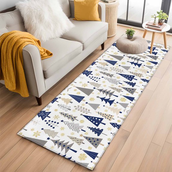 Christmas Tree Washable Runner Rugs 2'x6', Snowflake Winter Blue Classic Texture Low Pile Throw Entryway Rug Non-Slip Sturdy Edge Binding Carpet for Indoor Bedside Entrance Bedside