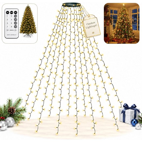 Christmas Tree Waterfall Lights, LED Ring Cascading Fairy String Light Outdoor Xmas Decor, 1 Set
