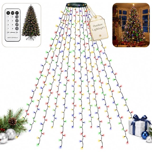 Christmas Tree Waterfall Lights, USB LED Tree Ring String Light with Remote, 8 Modes IP44 Waterproof Holiday Yard Decor