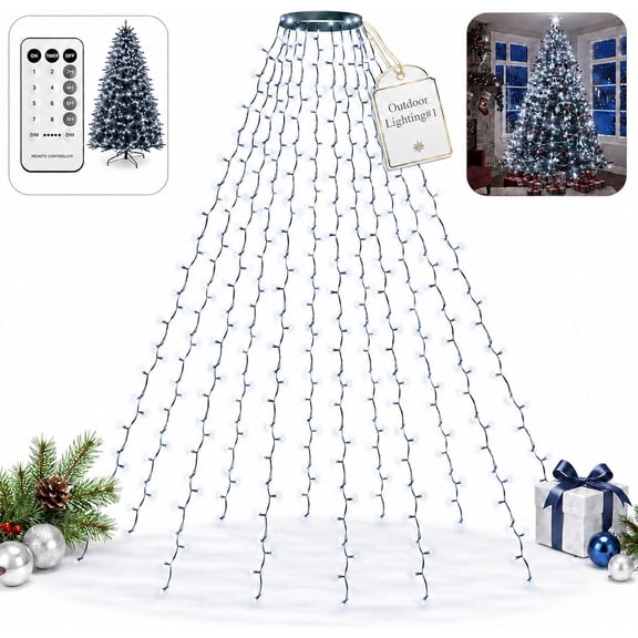 Christmas Tree Waterfall Lights, USB LED Tree Ring String Light with Remote, 8 Modes IP44 Waterproof Holiday Yard Decor