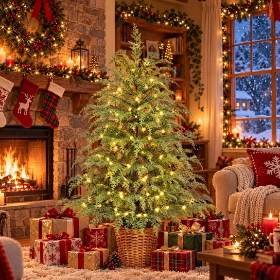 Christmas Tree with Wicker Basket, 3 Feet Green Indoor Potted Holiday Decor, Faux Cedar Christmas Tree with 100LED Lights, Realistic Potted Tree for Indoor Outdoor Holiday Décor