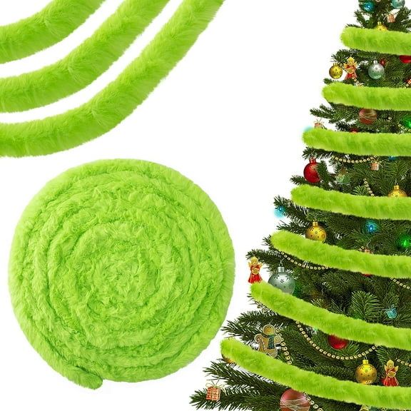 Christmas Tree Winding Garland, 33 Ft Artificial Furry Roll Garland, Green Xmas Faux Fur Ribbon Trim for Winter Holiday Home Party Decor Craft Sewing Stripe Accessory