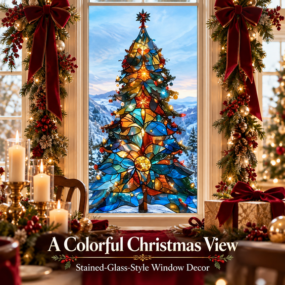 Christmas Tree Window Cling, Large Seasonal Window or Door Decoration, Reusable-Look Flat Decoration for Home, for Home, Office, Storefront, Party, Multicolor, 35.43 x 70.87 in, 1 Piece, Style B