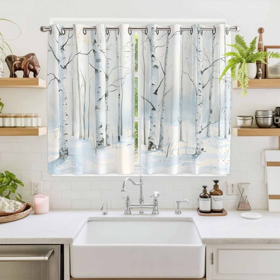 Christmas Tree Window Curtains Panels with Silver Grommet, White Xmas Snowflake Watercolor Kitchen Cafe Curtain Draperies Window Treatment Set for Living Room/Bedroom/Laundry Room/Bathroom, 104x72