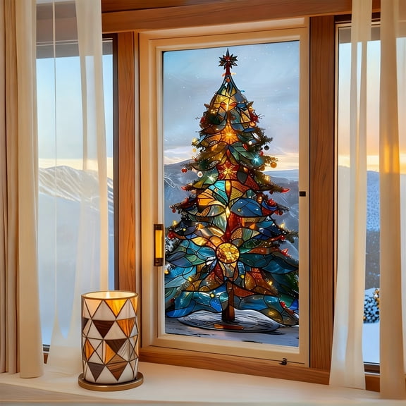 Christmas Tree Window Privacy Film, Christmas Tree 2D Window Sticker PVC Decal with Colored Glass Effect, Holiday Blocking Static Window Clings, Easy Apply and Remove, S