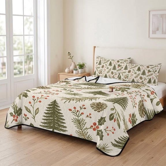 Christmas Tree Winter Berry 3 Pieces Quilt Set,1 Quilt with 2 Shams,Farmhouse Pine Branches Bedspread Soft Lightweight Bedding Coverlet Comforter Set for All Season 90"x96"