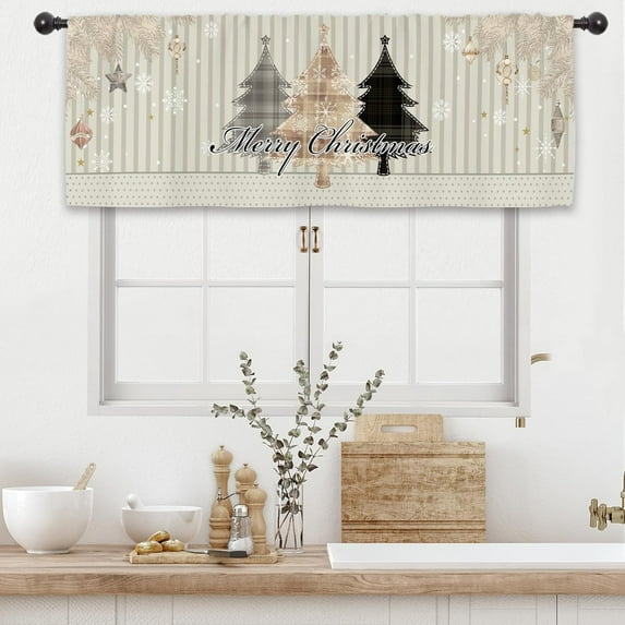 Christmas Tree Winter Kitchen Curtain Valance 54W x 18L Inch Xmas Holiday Snowflake Rod Pocket Short Cafe Small Window Treatment Drapes Decor