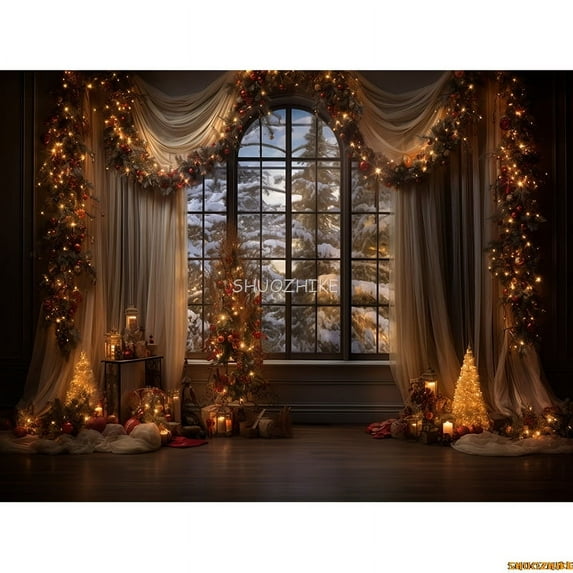 Christmas Tree With Gift Boxes Photography Backdrops Winter Snow rations Wood Door Fireplace Room Background Props WR-12
