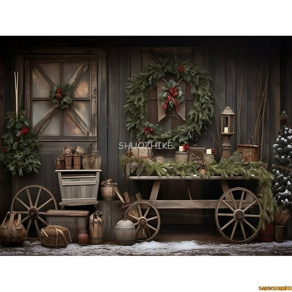 Christmas Tree With Gift Boxes Photography Backdrops Winter Snow rations Wood Door Fireplace Room Background Props WR-14