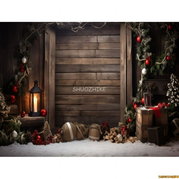Christmas Tree With Gift Boxes Photography Backdrops Winter Snow rations Wood Door Fireplace Room Background Props WR-22