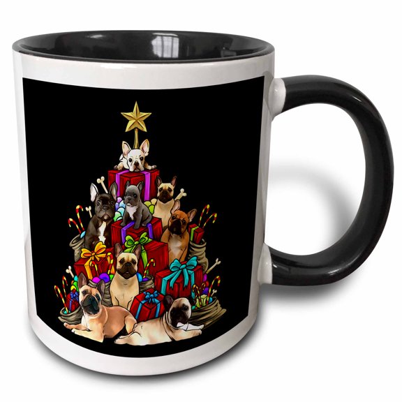 3drose, Christmas Tree with Gifts and Many Pugs and French Bulldogs, 11oz Two-tone Black Mug