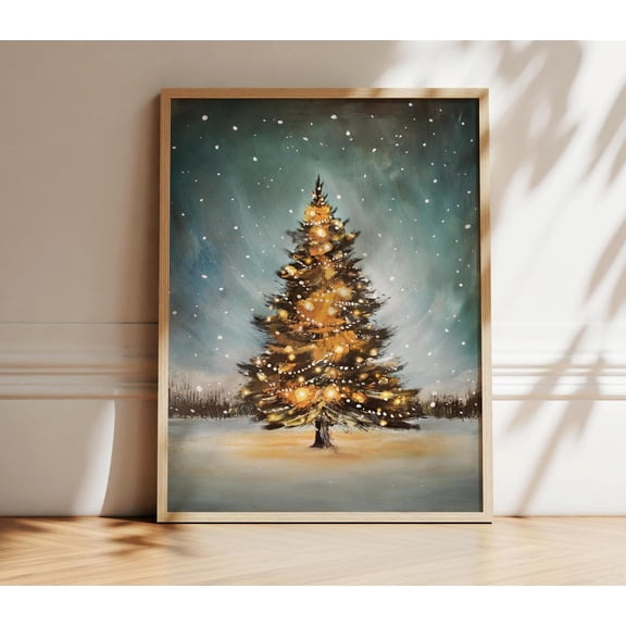 Christmas Tree With Lights Holiday Wall Art Print, Snowy Pine, Seasonal Living Room And Home Decor