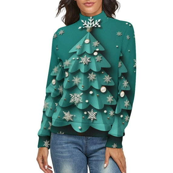 Christmas Tree Women's Turtleneck Sweater Long Sleeve Ribbed Fitted Turtle Neck Casual Fall Winter Collection Top 2XL