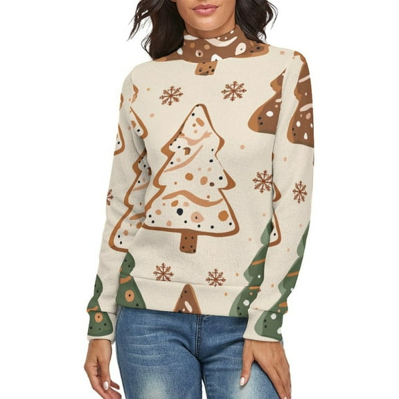 Christmas Tree Women's Turtleneck Sweater Long Sleeve Ribbed Fitted Turtle Neck Casual Fall Winter Collection Top L