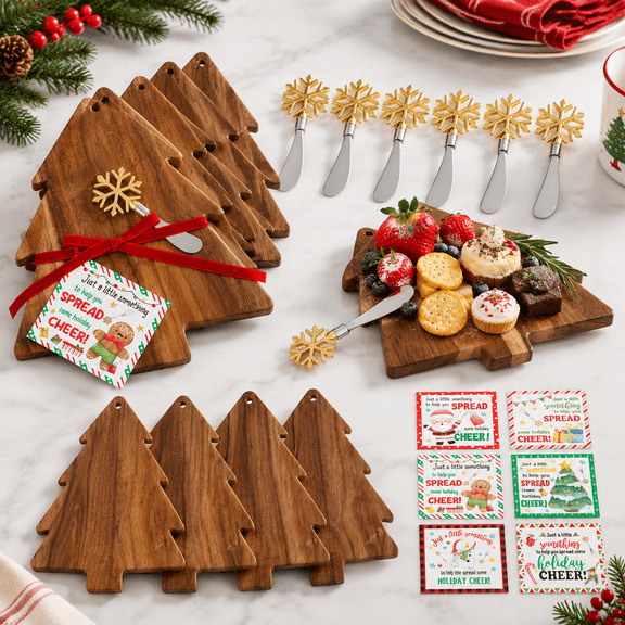 Christmas Tree Wood Cheese Board and Spreader Gift Set, 6 Count