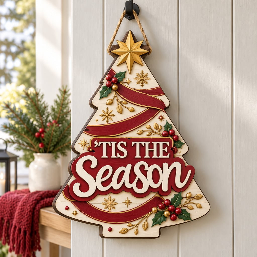 Christmas Tree Wood Sign Tis The Season Door Hanger Decor - Walmart.com