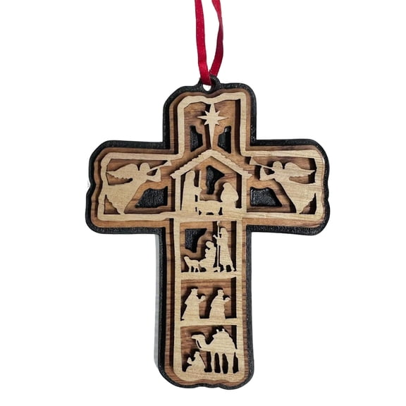 Christmas Tree Wooden Cross Hanging Ornament Religious Handicraft Office Decoration Wood Material 4.7X3.7In Size For Christmas Tree Home Church Holiday Decor Spiritual Symbol