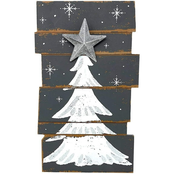 Christmas Tree Wooden Decor Rustic Wall Door Glittery Decoration Indoor Outdoor 15.5" x 9.5" Gray & White