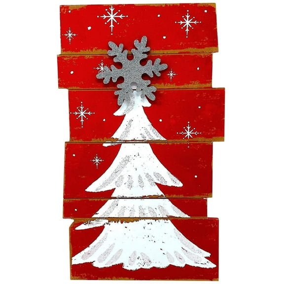 Christmas Tree Wooden Decor Rustic Wall Door Glittery Decoration Indoor Outdoor 15.5" x 9.5" Red & White