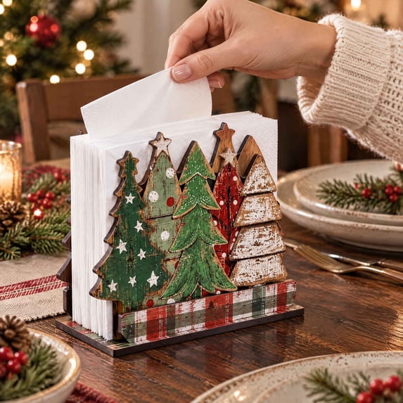 Christmas Tree Wooden Napkin Stand – Desktop Tissue Storage Box for ...