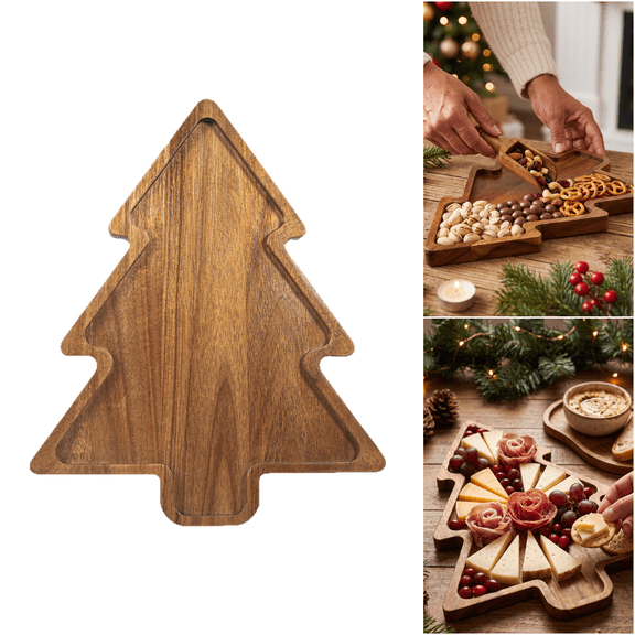 Christmas Tree Wooden Serving Tray for Party Decorations Rustic Serving Platter for Snack Dessert Holiday Desktop Charcuterie Boards for Kitchen Christmas Decoration