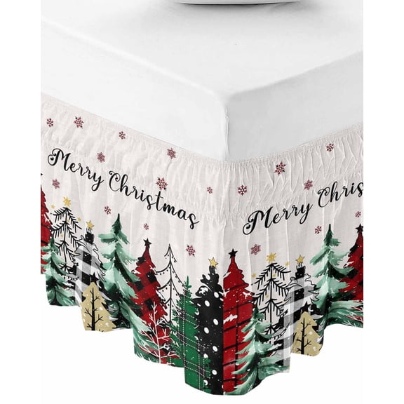 Christmas Tree Wrap Around Bed Skirts for Queen Bed 18" Drop,Bed Skirt with Adjustable Elastic Belt Dust Ruffle Bed Valance for Bedroom Hotel Luxury Winter Snowflake Plaid Xmas Trees Bed Frame Cover