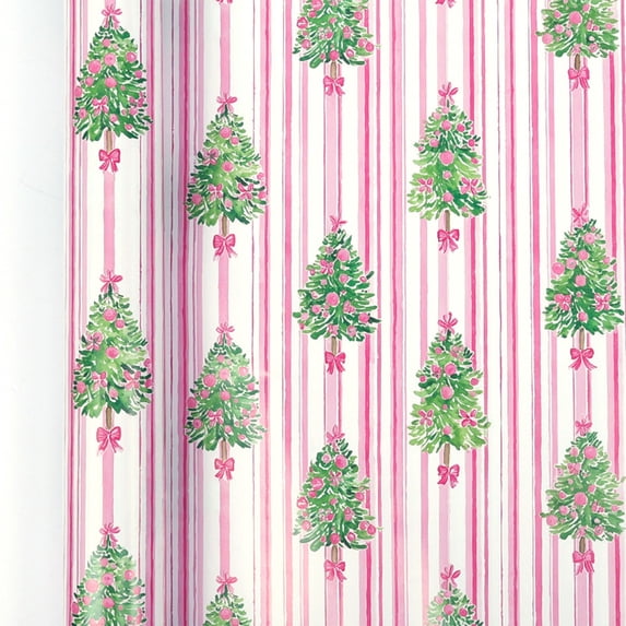 Christmas Tree Wrapping Paper,3M/10FT Pink Striped Christmas Wrapping Paper Roll,Watercolor Green Tree Bow Holiday Gift Decor For Holiday, Gift Packaging.(Pink)