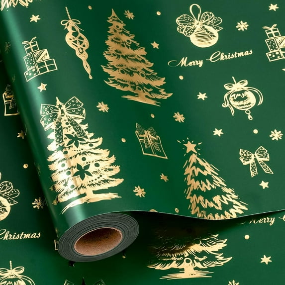 Christmas Tree Wrapping Paper, Green and Gold Gift Wrapping Paper, Gold Foil Christmas Tree Design Winter Holiday Gift Wrap Neutral for Gift Packaging, Festive Decoration (17 Inch X 33 Feet)
