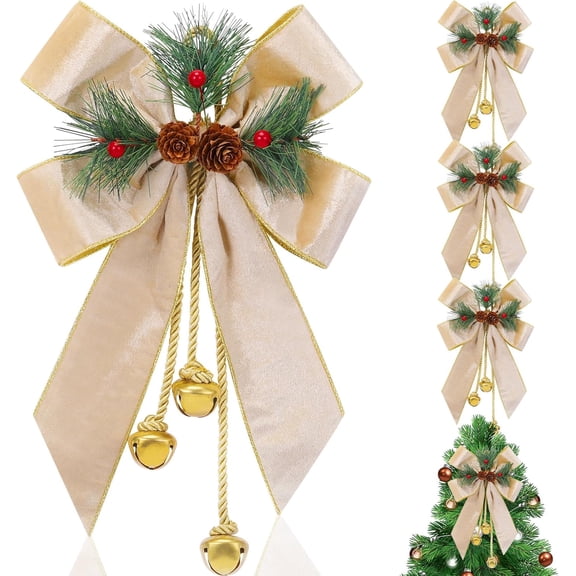 MY Christmas Tree Wreath Bow Christmas Ribbon Bows with Bells 11 x 7.8 in Velvet Pine Cone Bowknot Xmas Tree Hanging Ornaments Decor for Home Xmas Party Outdoor Indoor(Champagne Gold,4 Pcs)