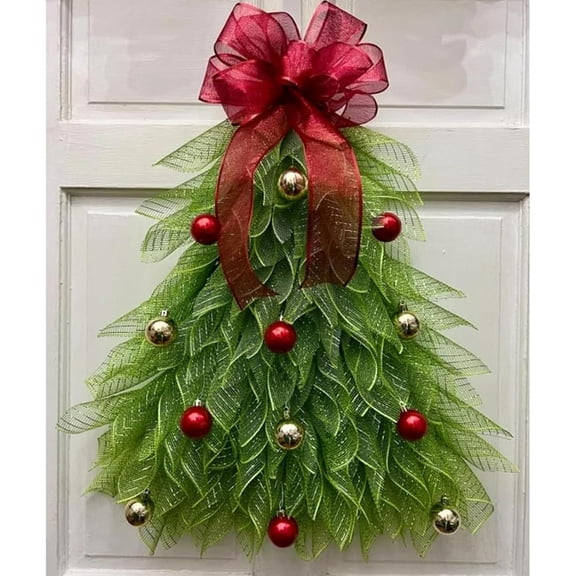 Christmas Tree Wreath Christmas Door Wreath , Christmas Wreath Bow Decorations Christmas Wreaths for Front Door Outside Large Xmas Garland Swags Farmhouse Holiday Decor Outdoor Indoor Ball