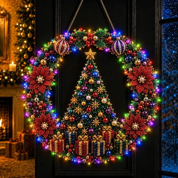 Christmas Tree Wreath Christmas Pearl Diamond Painting Pendant Kits with LED String Lights - 9.8in DIY Acrylic Christmas Diamond Art Hanging Kit for Adults, Xmas Ornaments for Home Party Wall Decor