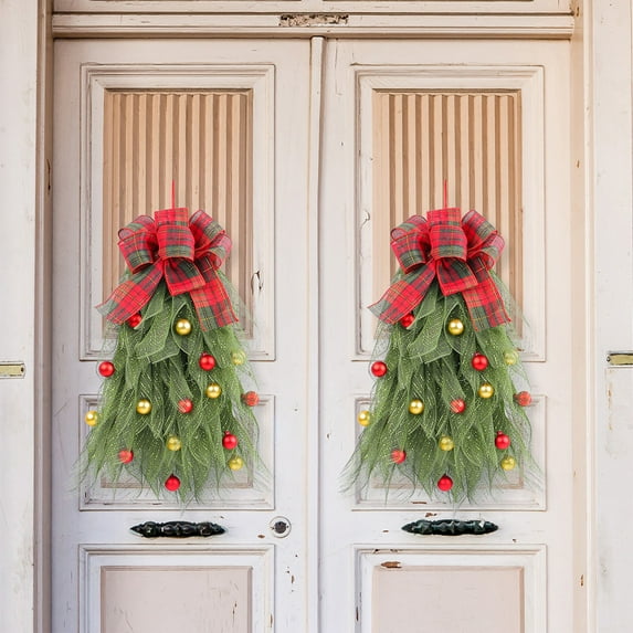 Christmas Tree Wreath for Front Door,Christmas Swag,Christmas Tree Shaped Wreath with Large Bow,Farmhouse Christmas Wreath for Living Room,Dining Room,Window,Fireplace,Party,Wall