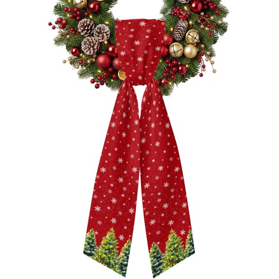 Christmas Tree Wreath Sash for Front Door 4.5"x56", Winter Xmas Snowflake Color Ball Bow Red Double-Sided Bow Ribbon Decor for Wreaths, Stair Railings, Fireplace Mantel