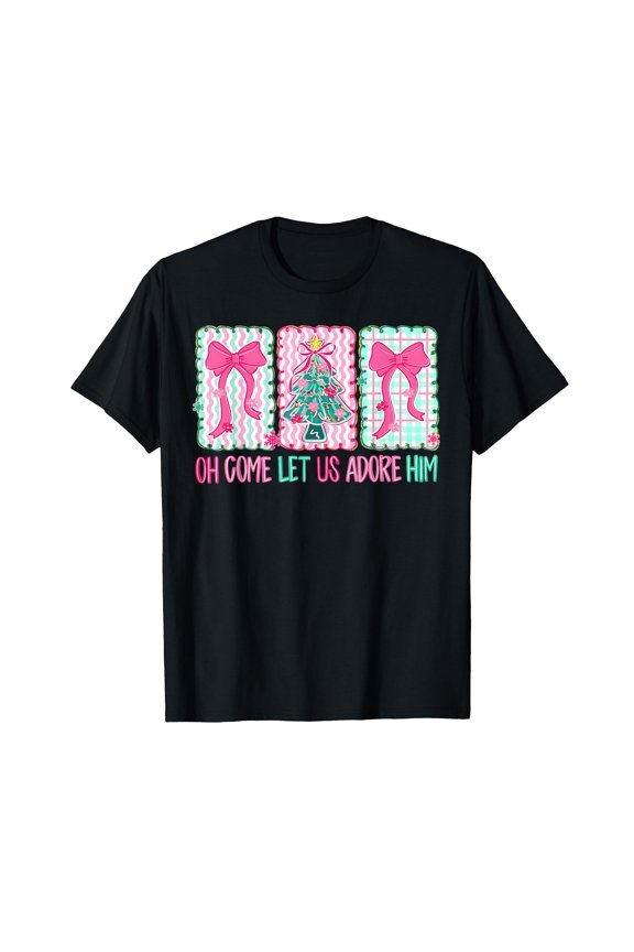 Christmas Tree Xmas Christian Oh Come Let Us Adore Him T-Shirt,Women's short-sleeved T-shirt celebrating the coming of Christmas