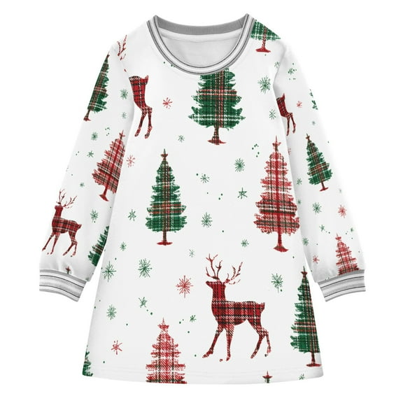 Christmas Tree and Deer Girls'long-sleeved dress Thickened A-dress Warm Dress Basic Shirt Party Dresses