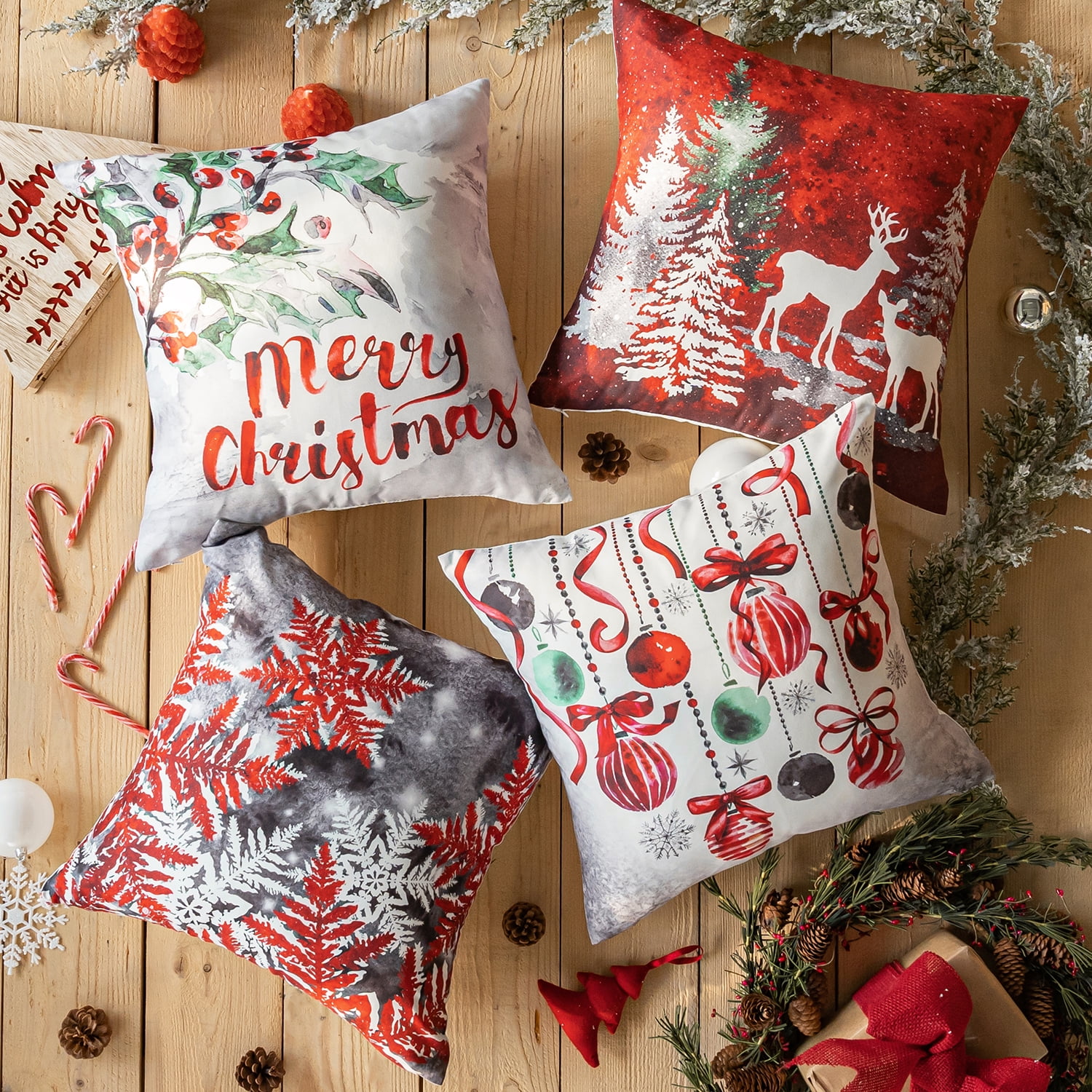 Christmas Applique Embroidery and Pom Pom Decorative Holiday Series Throw  Pillow with inserts, Red and White, 18 x 18, Set of 4 