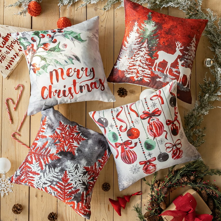 Christmas Tree and Elk Printed Decorative Holiday Series Throw Pillow Covers Red 18 x 18