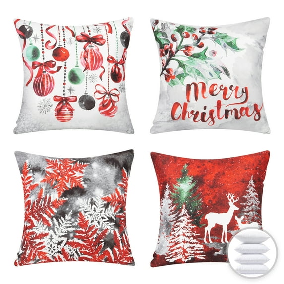 Christmas Tree and Elk Printed Decorative Holiday Series Throw Pillow with inserts, Red, 18" x 18", Set of 4