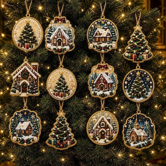 Christmas Tree and House Ornaments Set of 12, DIY Pearl Diamond Art ...