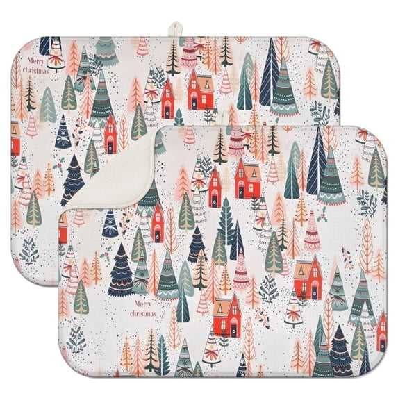 Christmas Tree and House Pattern Dish Drying Mat for Kitchen 1 Pack, Ultra Absorbent Microfiber Dishes Drainer Mats,18x24in(46x61cm)