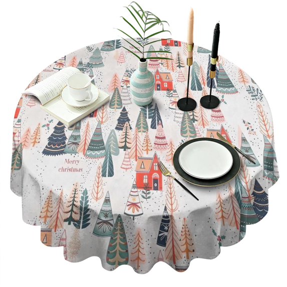 Christmas Tree and House Pattern Round Tablecloth 60"x60",Wrinkle Wipeable Table Cloth for Kitchen Dining Room Picnic Patio Party