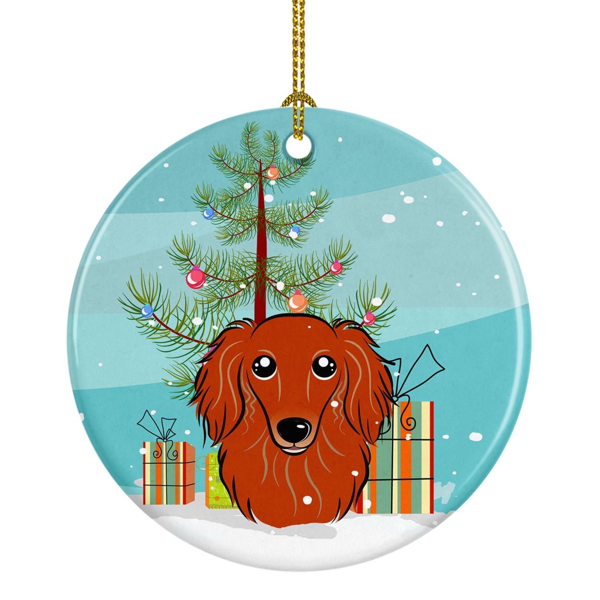 Christmas Tree and Longhair Red Dachshund Ceramic Ornament