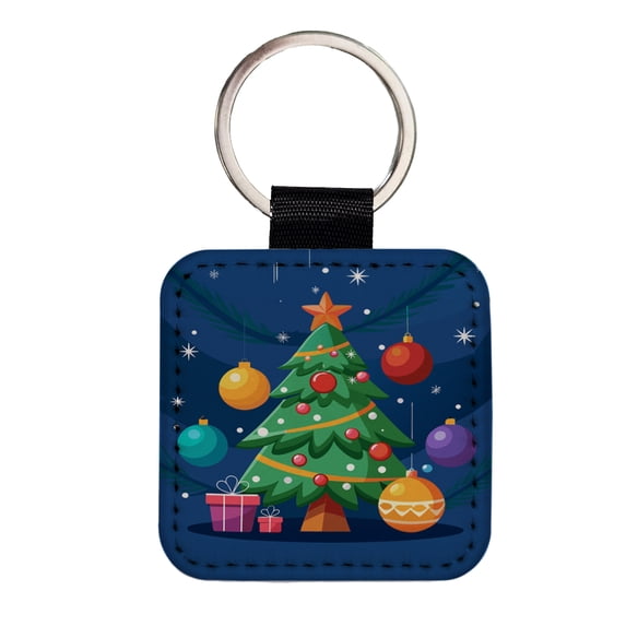 Christmas Tree and Ornaments Modern Faux Leather Square Keychain