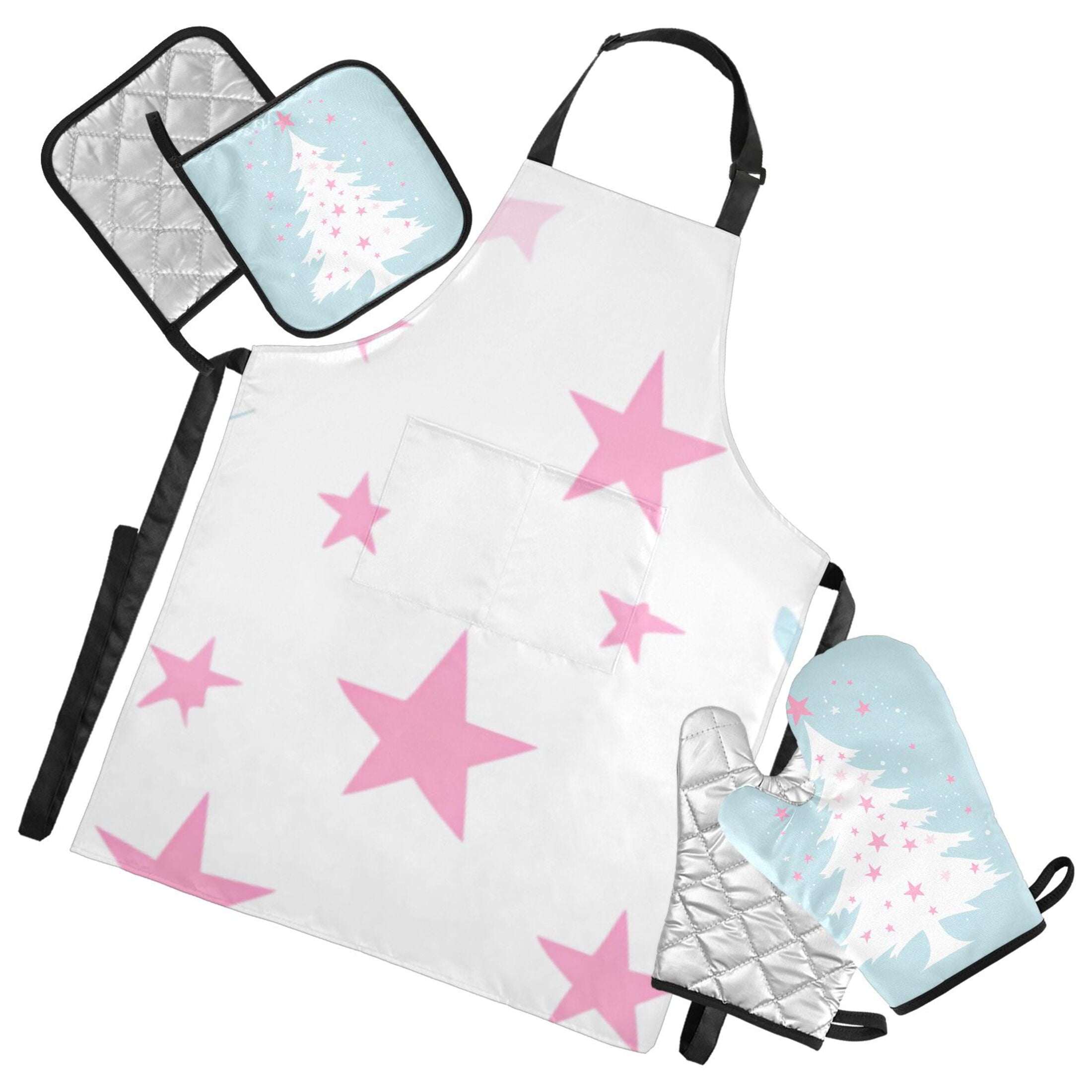 Christmas Tree and Pink Star 5 Pcs Kitchen Set Heat Resistant Oven Mitts and Non-Slip Pot Holders with Adjustable Cooking Apron