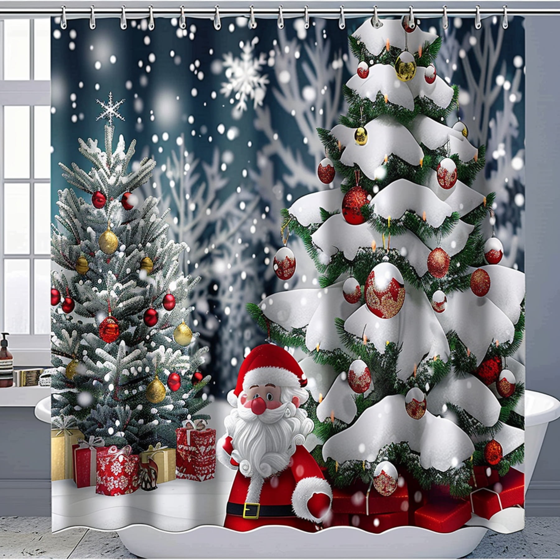 Christmas Tree and Santa Bathroom Curtain with Snowflakes and Trees