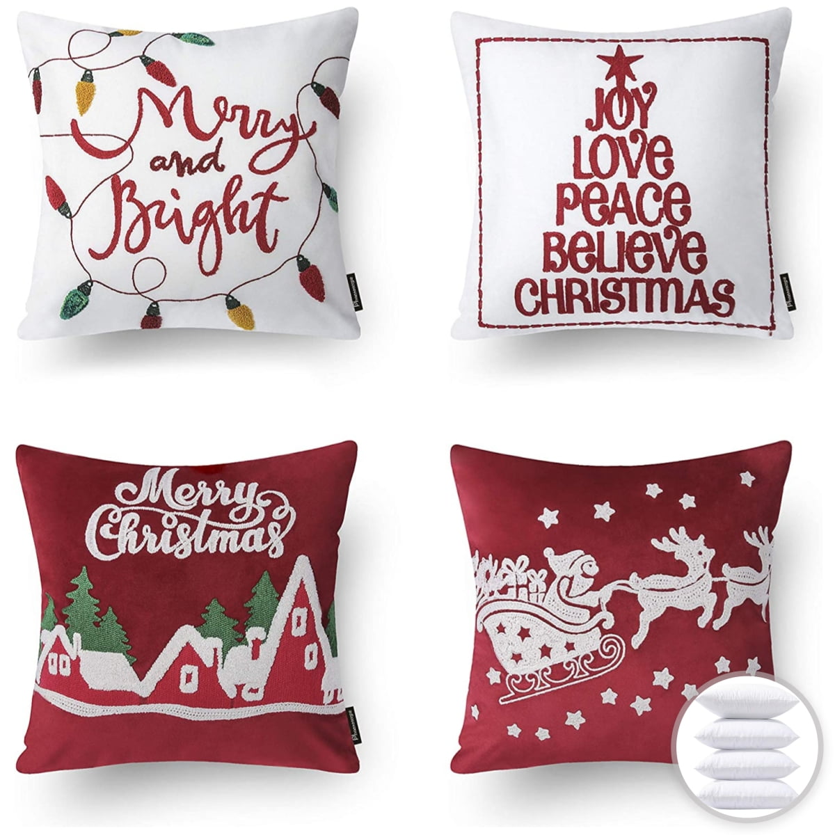 Christmas Tree and Santa Claus Printed Decorative Holiday Series Throw  Pillow with inserts, Red and White, 18 x 18, Set of 4 