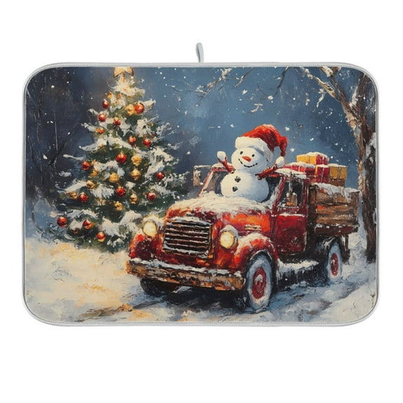 Christmas Tree and Snowman on Truck Dish Drying Mat 16x18 Absorbent Microfiber Draining Rack Pad for Kitchen Counter Sink